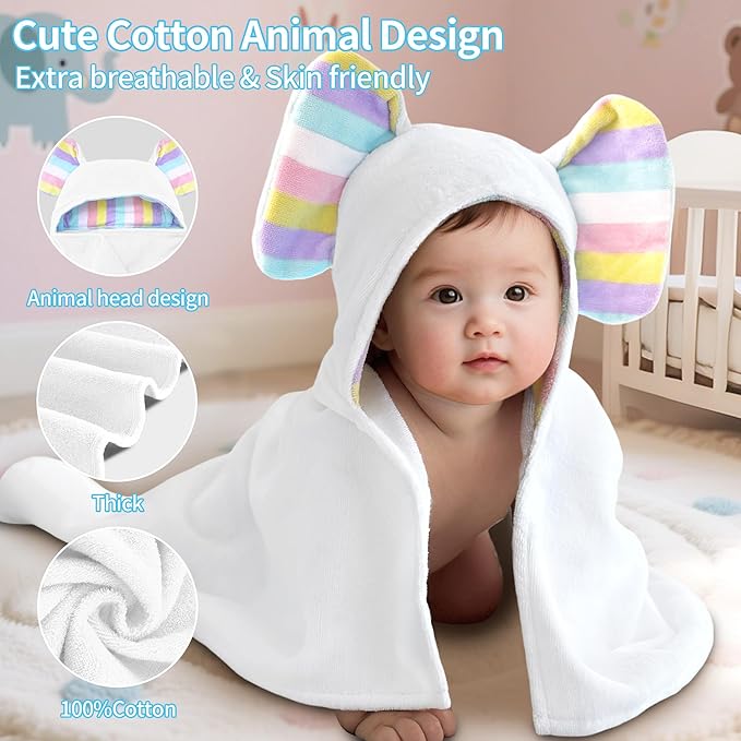 VOOVA & MOVAS Thick Baby Hooded Bath Towel - 100% Cotton,500GSM, 33x31.5 Inches,0-2Years, Super Absorbent Large Towel with Cute Elephant Ears Hood for Newborn, Baby, Infant, White