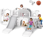 JOYLDIAS 10 in 1 Toddler Slide, Double Kid Climber Slide Playset w/Swing, Basketball Hoop, Telescope, Tunnel, Storage Space and Non-Slip Steps, Indoor Outdoor Backyard Playground Toy for Toddlers