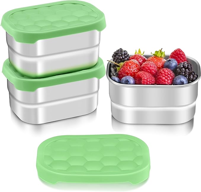 HaWare Stainless Steel Snack Containers for Toddlers and Kids, 8 oz Leak Proof Food Storage Containers with Green Silicone Lids, Stackable Small Metal Lunch Box for Daycare and School- 3 Packs