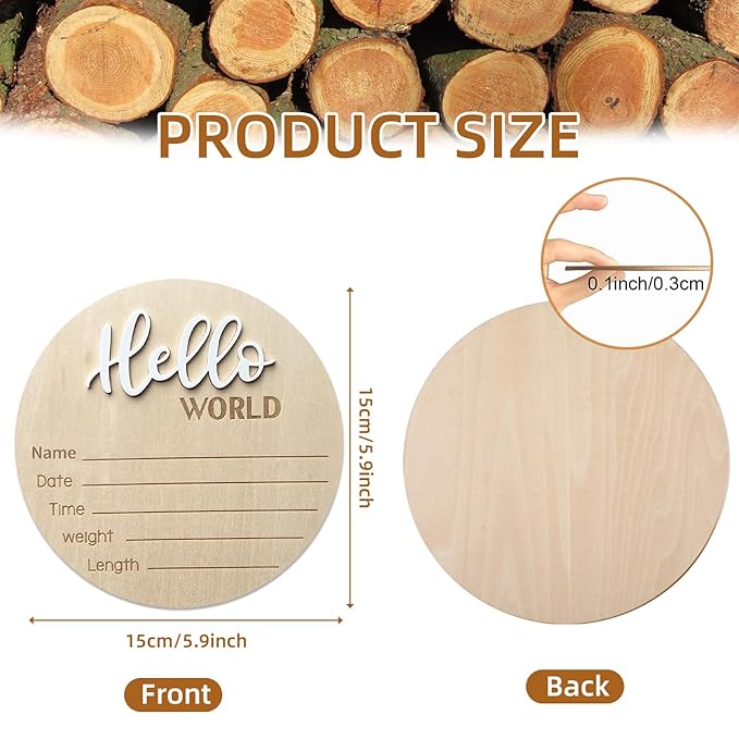 Baby Announcement Sign, 5.9 Inch Wooden Hello World Newborn Signs, Birth Announcement Sign, Baby Shower Hospital Nursery for Newborn Boys and Girls (White,Pen)