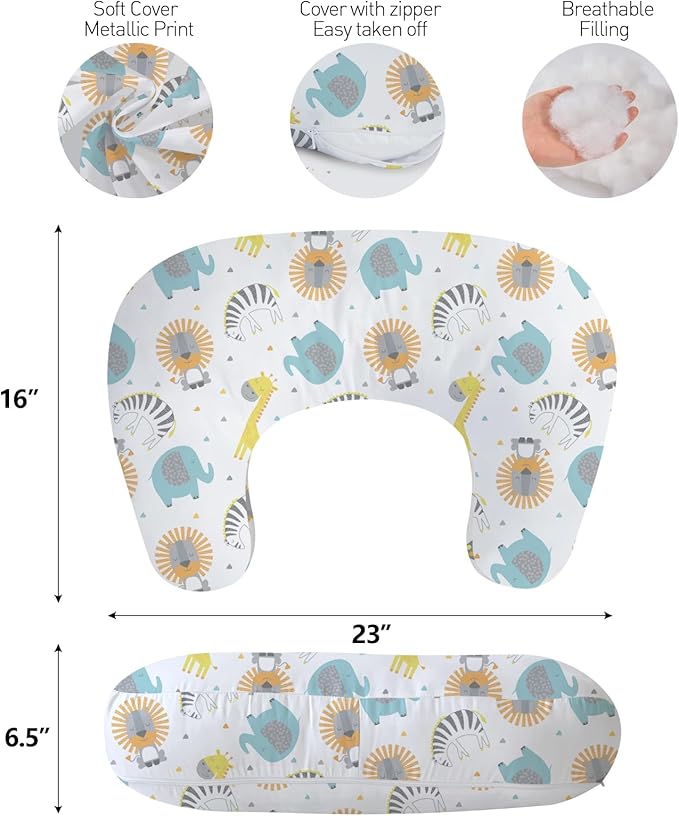 Little Grape Land New Nursing Pillow for Breastfeeding, Larger Breast Feeding Pillow and Positioner with Removable Cover for More Support, Tummy Time and Bottle Feeding Support Pillow, Animals