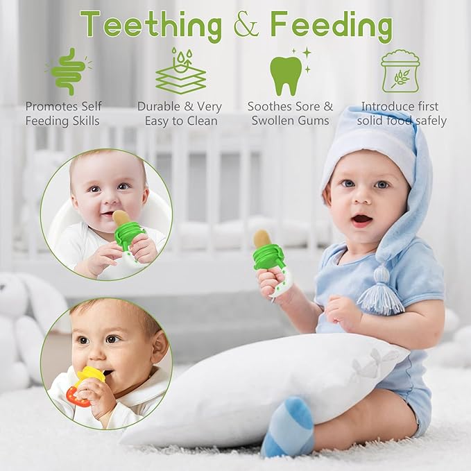 WAJIAYON Baby Fruit Feeder Pacifier - 5 Pack | 2 Infant Food Feeder Pacifier & 1 Baby Food Dispensing Spoon | Fresh Fruit Teethers for Babies | Shower Gifts for Boys and Girls (Green&Yellow)