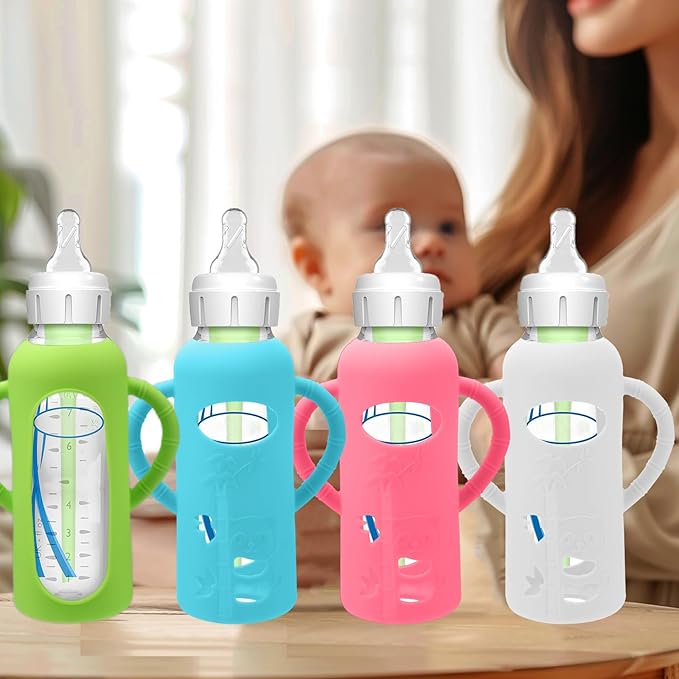 4 Pack Silicone Sleeves for Dr. Brown's Glass Baby Bottles - Drop Protection Baby Bottle Sleeves,Compatible with Dr. Brown's Newborn Glass Bottles,with Silicone Handles,8 oz