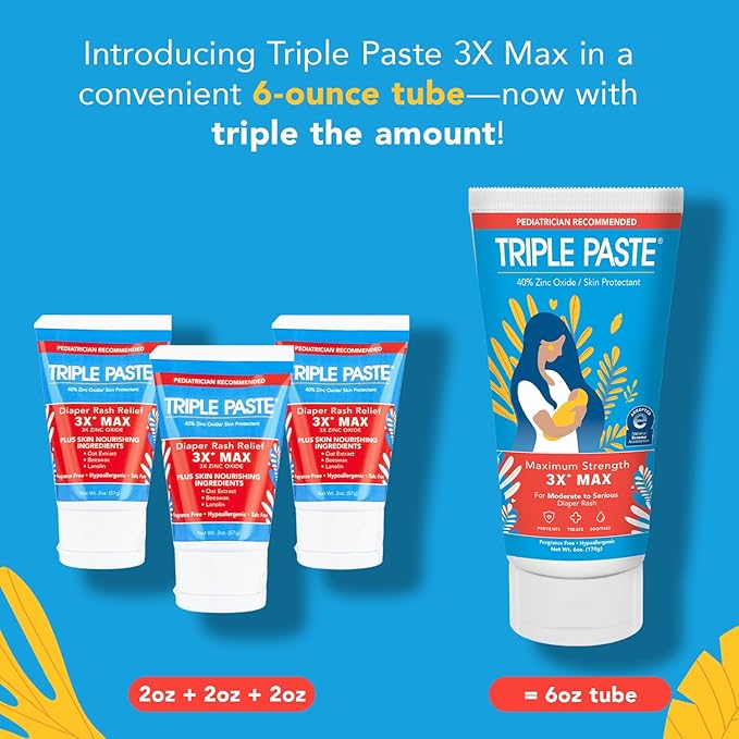 Triple Paste 3X Max Diaper Rash Ointment, Maximum Strength Zinc Oxide Ointment for Severe Diaper Rash, 6 oz Tube