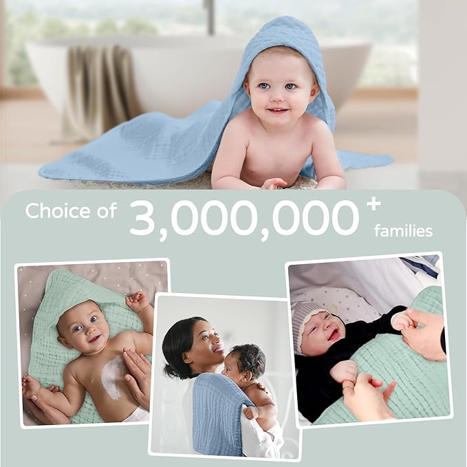 Yoofoss Hooded Baby Towels for Newborn 2 Pack 100% Muslin Organic Cotton Baby Bath Towel with Hood for Babies, Infant, Toddler and Kids, 32x32Inch, Soft and Absorbent Newborn Essential,Blue&Green