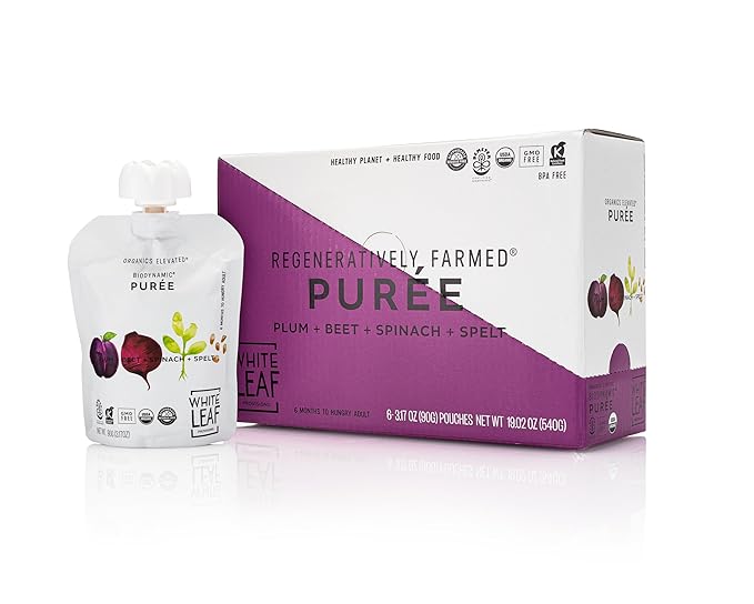 White Leaf Provisions Organic Purees / Baby Food Pouches - Fruits, Veggies & Grains, Toddler snack, Regeneratively Farmed, No Added Sugar, Non-GMO, BPA-Free Pouches 3.17 oz (Pack of 24, Plum + Beet + Spinach + Spelt)
