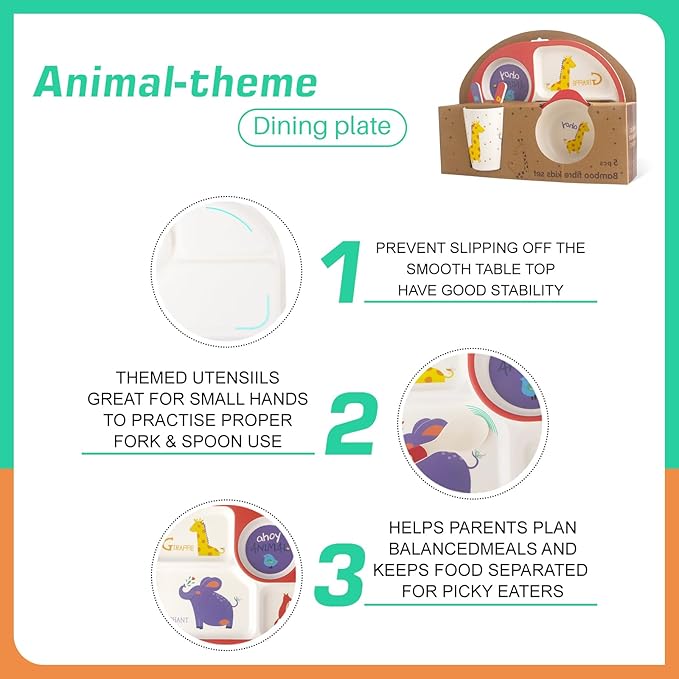 Kids Feeding Set 5 Pcs, Tableware Set for Toddlers Includes Plate Bowl Cup Fork and Spoon Utensil Flatware, Kids Flatware Set Dishwasher Safe, BPA Free (Animalworld)