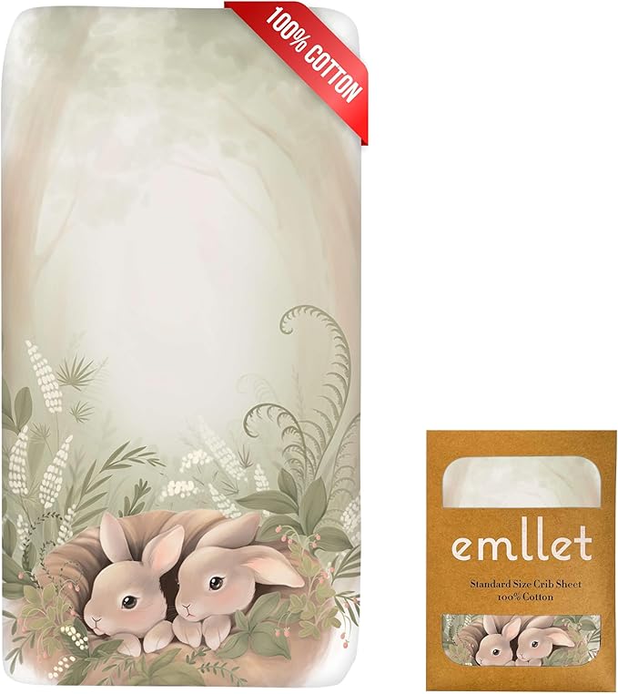 100% Cotton Fitted Crib Sheet, Peekaboo Bunny Design, Gentle Baby Nursery Bedding, Fits Standard 52 x 28 in Mattress