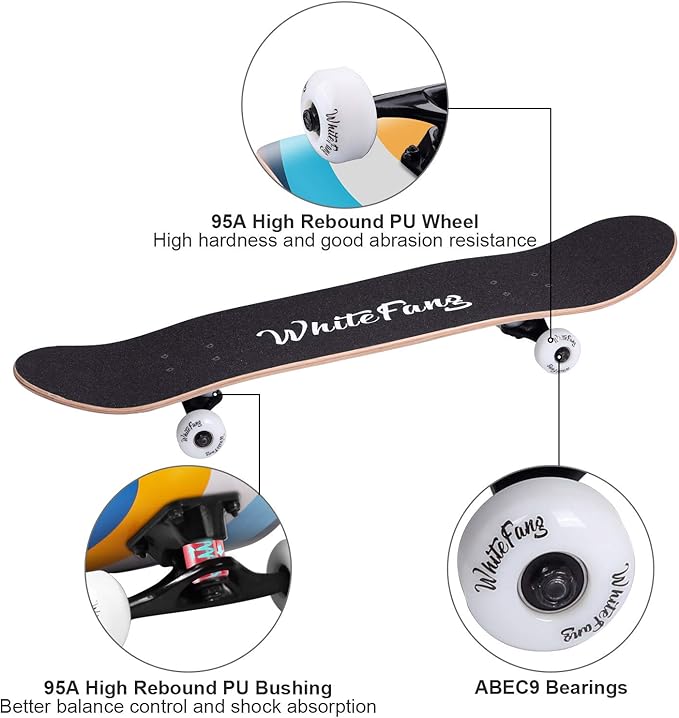 WhiteFang Skateboards for Beginners, Complete Skateboard 31 x 7.88, 7 Layer Canadian Maple Double Kick Concave Standard and Tricks Skateboards for Kids and Beginners