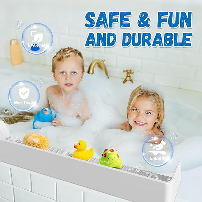 Splash Guard for Bathtub Kids - Silicone Bathtub Splash Guard with 11 Suction Cups, Bath Tub Play Shelf for Kids & Toy Holder, Prevent Water Spill in Bathroom, Fun Bath Time for Toddlers Baby, Gray