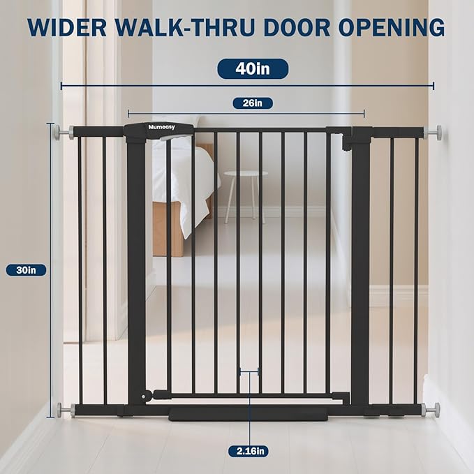 Baby Gate with Door, 26-40" Auto Close Dog Gate Indoor for Stairs Doorways, Easy Install Pressure Mounted Pet Gate, Easy Walk Through Child Safety Gate for The House, Black
