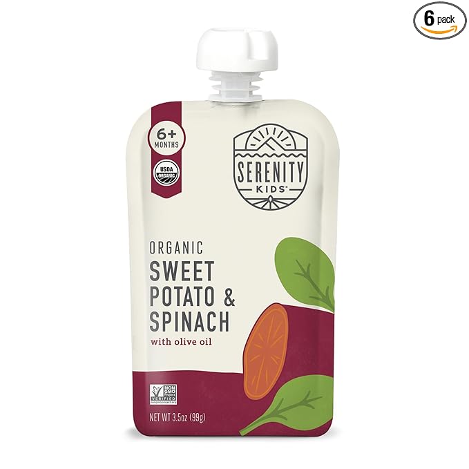 Serenity Kids 6+ Months Veggie Puree Baby Food Pouches - USDA Organic - No Sugary Fruits or Added Sugar - Allergen Free - 3.5 Oz BPA-Free Pouch - Sweet Potato & Spinach - 6 Count - Sweet Potato Puree