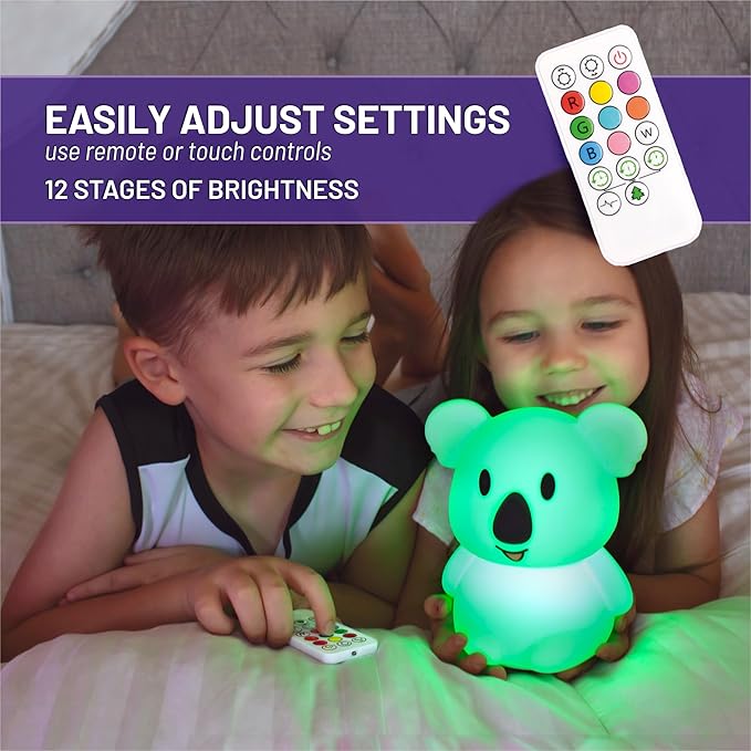 Lumipets Remote Control Silicone Night Light for Kids - Koala Design with 9 Soft Colors & Sleep Timer - Rechargeable, Battery-Operated Lamp for Bedroom | Baby Nursery, Toddler, Girls, Boys