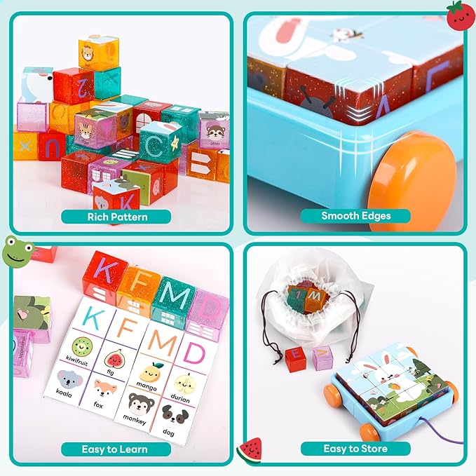 56PCS Building Blocks, Alphabet & Number Stacking Blocks for Toddlers with Storage Pull Toy Car & ABC Cards, Preschool Early Learning & Educational Toys, Baby Kids Birthday STEM Toys 3 4 5 6