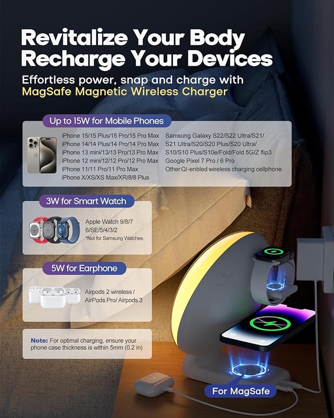 Dekala Sunrise Alarm Clock with 3-in 1 Wireless Charging Station, White Noise Sound Machine, 11 Light & 15 Sounds, Alarm Clocks for Heavy Sleepers Bedroom, Compatible with Apple Watch/Airpods/iPhone