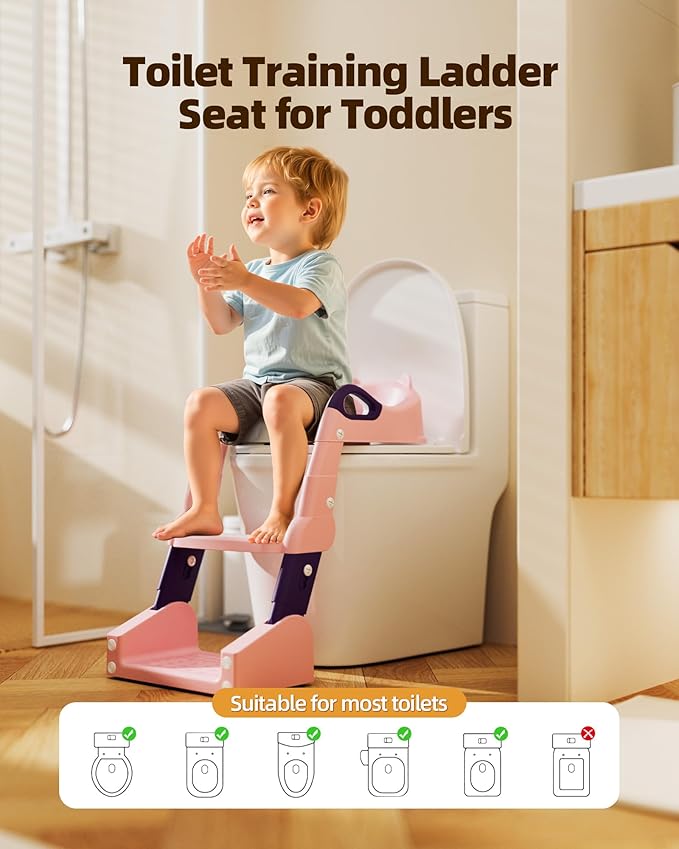 3-in-1 Potty Training Toilet, Toddler Toilet Seat with Step Stool, Foldable Potty Ladder with Potty Chart, PU Cushion, Splash Guard, Anti-Slip Steps & Urinal for Girls & Boys, Pink