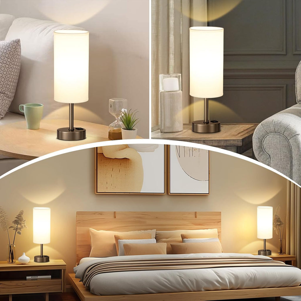 Bedside Touch Table Lamps for Bedroom Nightstand with USB-C USB-A Charging Ports, White & Brown 3 Way Dimmable Small Desk Lamp for Office, Living Room, Reading, Dorm