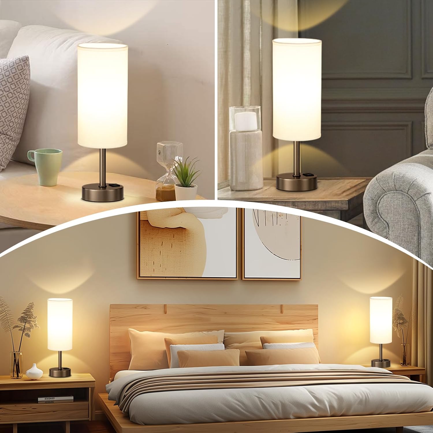 Bedside Touch Table Lamps for Bedroom Nightstand with USB-C USB-A Charging Ports, White & Brown 3 Way Dimmable Small Desk Lamp for Office, Living Room, Reading, Dorm