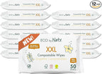 Naty Compostable XXL Baby Wipes - Unscented, 100% Plant-Based, Plastic-Free, Fragrance-Free, Hypoallergenic for sensitive skin and Dermatologically Tested (XXL - 600 Count - 12 Packs of 50)