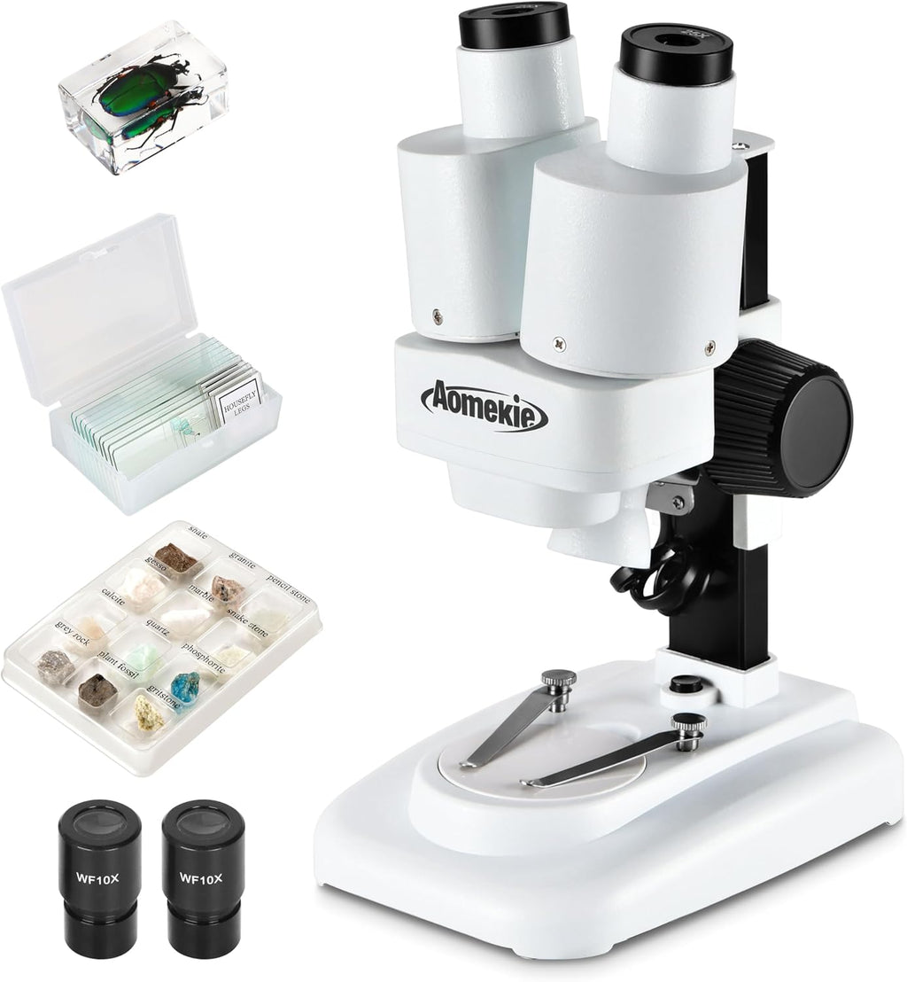 Aomekie® Microscope 20X 50X with 10Pcs Slides Insect Specimen Stereo Microscope with WF eyepieces LED Light Source Portable Stereoscope