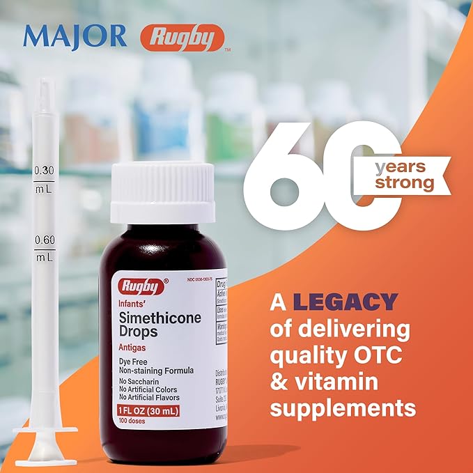 Rugby Dye-Free Infants' Gas Drops - Simethicone 20 mg Liquid Drops for Newborns, Babies, Toddlers, and Kids - Fast Relief from Gas Discomfort - No Artificial Colors or Flavors - 1 Fl. Oz. (1 Pack)