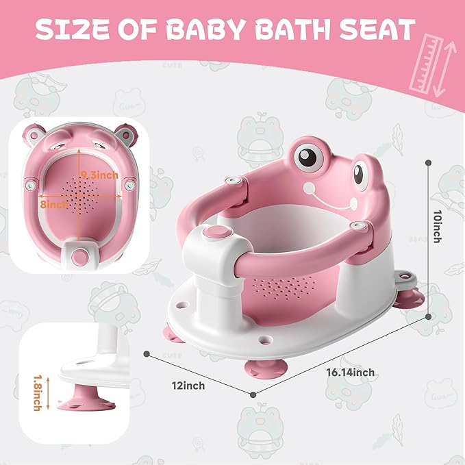 Baby Bath Seat for Babies 6 Months & Up - Toddler Bath Seats for Baby Sitting Up with 4 Suction Cups & Soft Cushion, Non-Slip Infants Shower Bathtub Chair for Newborn Girls, Pink