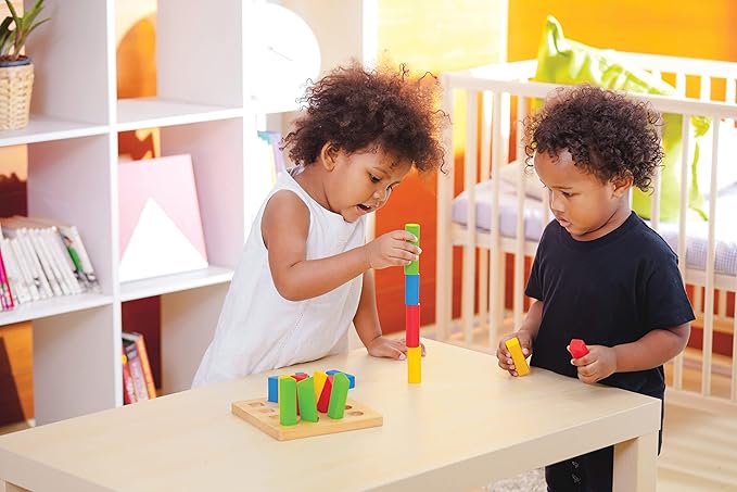 PlanToys Wooden Sorting and Stacking Geometric Peg Board (5125) | Sustainably Made from Rubberwood and Non-Toxic Paints and Dyes