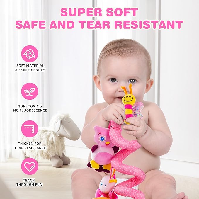 Jollybaby Baby Car Seat Stroller Toys, Plush Activity Hanging Spiral Activity Pram Crib with Music Box, Rattles, Squeaker for Babies Infant Boys Girls(Pink)