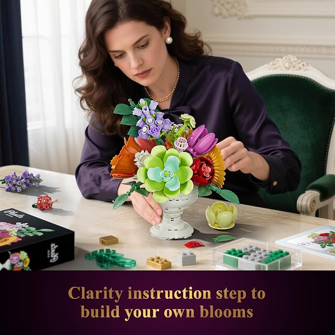 JAKI Artificial Flowers Arrangement Building Sets, 9.8in Botanicals Bouquet Building Kits with Unique Display Stand, for Home Decor, Wedding, Birthday Gift for Adults Girls 18+