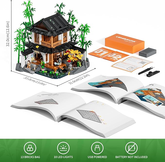 Bamboo-House Lighting Building-Bricks Set - Retro Chinese Bamboo Cabin and Treehouse Collection LED Light Set 2432 Pcs for Adults and Retro House Building Collectors