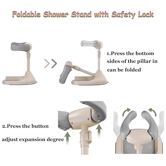 Baby Shower Stand, Ergonomic Baby Standing Bath Support with Anti-Slip Base, Adjustable Toddler Shower Stand with Backrest Foldable Bath Tower Shower for Toddlers