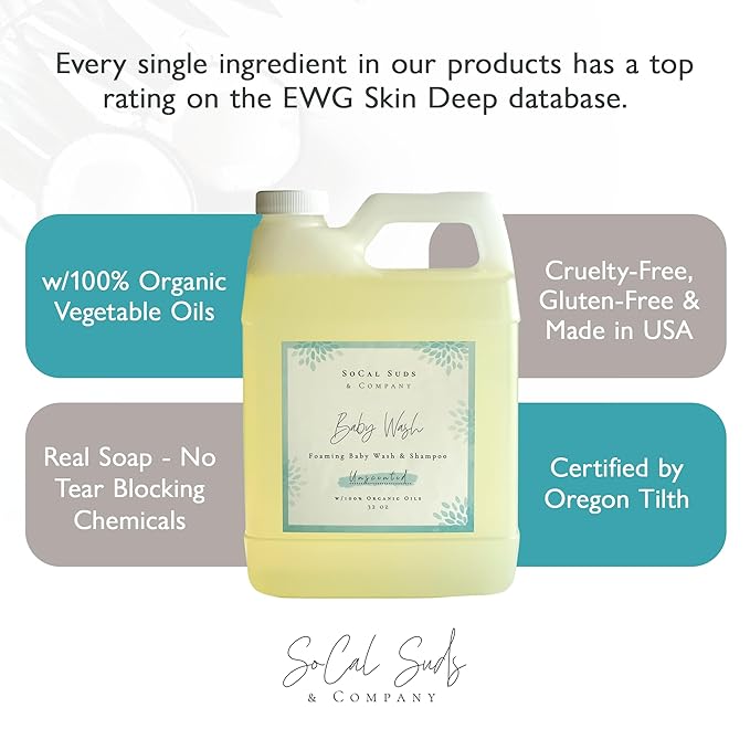 SoCal Suds & Company - 2-in-1 Organic Foaming Baby Wash Castile Soap & Shampoo Refill - Gentle Body Soap for Sensitive Gentle Bath -Nourishing Soothing Ingredients -Newborn Baby - Fragrance Free, 32oz