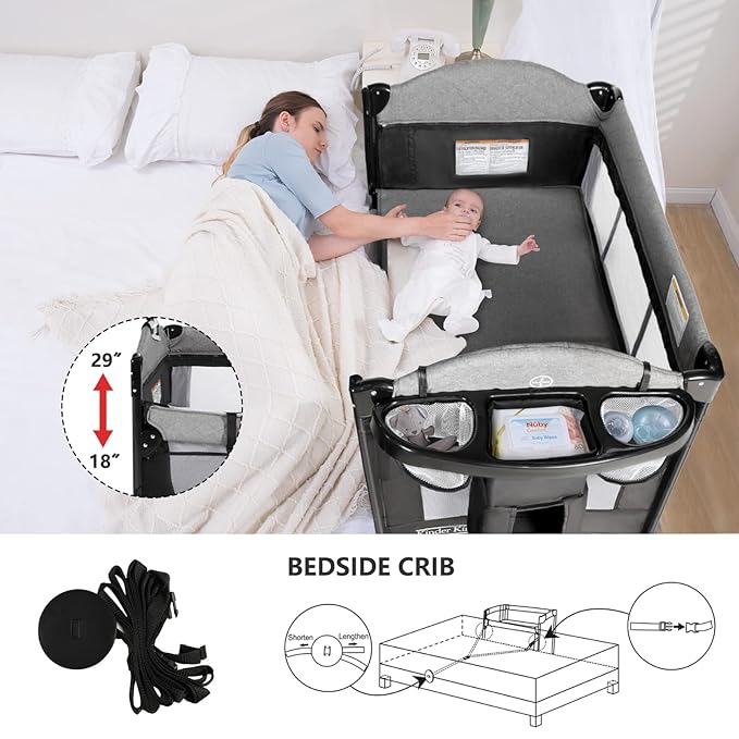 Kinder King 4 in 1 Portable Baby Playard, Foldable Baby Bedside Crib w/Bassinet, Infant Pack and Play Playard Toddler Large Playpen, Newborn Changing Table, Storage Basket, Grey