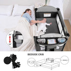 Kinder King 4 in 1 Portable Baby Playard, Foldable Baby Bedside Crib w/Bassinet, Infant Pack and Play Playard Toddler Large Playpen, Newborn Changing Table, Storage Basket, Grey