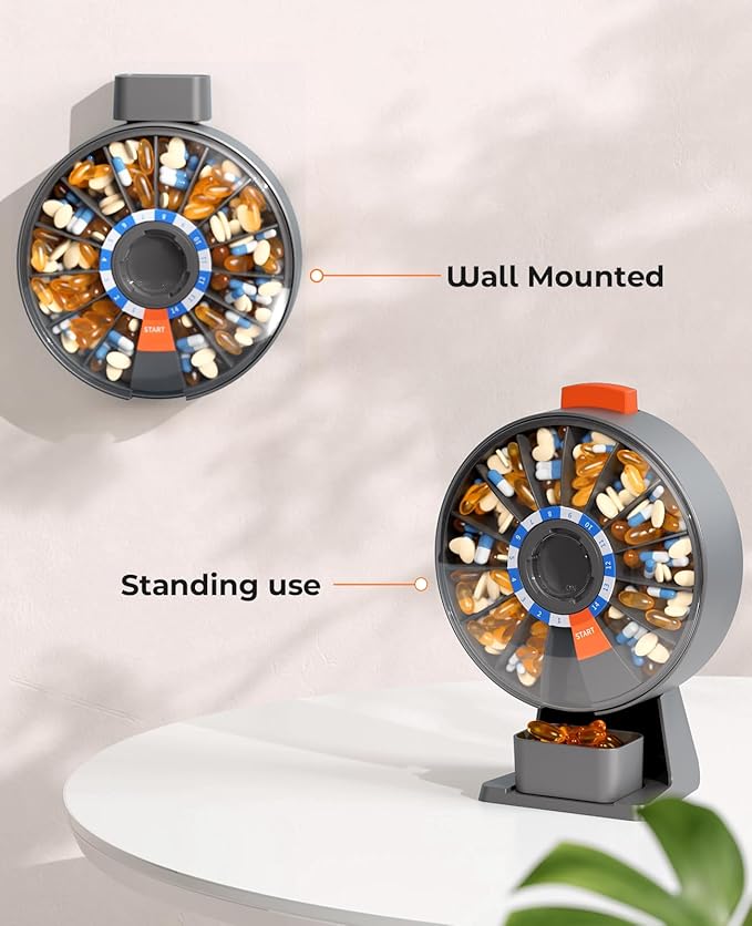 Daviky Pill Dispenser Daily, Large Pill Organizer with Wall-Mounted or Standing Use, 14 Days Pill Container, Push Button Design, Weekly Pill Box for Vitamin, Medicine,Supplement, Fish Oil(Gray)