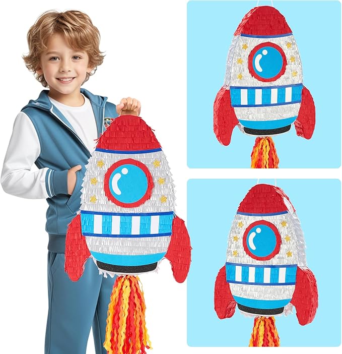 WERNNSAI Rocket Piñata - Rocket Ship Pinata Bundle with Blindfold and Bat Space Birthday Party Decoration for Boys Kids Family Games Piñata Space Ship Theme Party Supplies