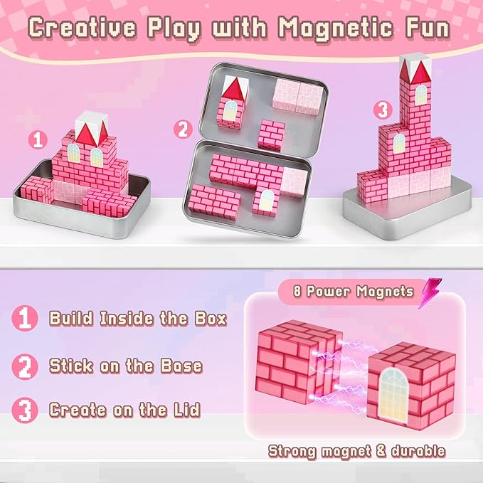 3 otters 12PCS Magnetic Building Blocks, STEM Learning Toys Magnetic Cube Kids Travel Activities with Storage Box for Girls Boys Birthday Gift (Castle)