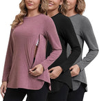 GINKANA Women's Nursing Shirts Long Sleeve 3 Packs Hidden Zipper Breastfeeding Pumping Tops Side Split Maternity Clothes