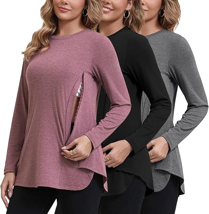 GINKANA Women's Nursing Shirts Long Sleeve 3 Packs Hidden Zipper Breastfeeding Pumping Tops Side Split Maternity Clothes