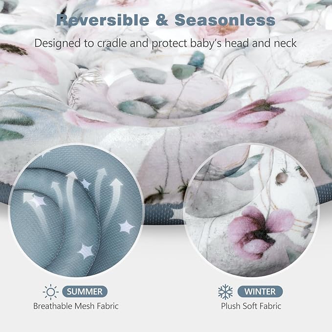 Upgraded Infant Car Seat Insert, 2-in-1 Reversible Baby Car Seat Head Support with 3 Strap Covers, All Seasons Newborn Car Seat Insert and Baby Carseat Cushion for Stroller, Swing, Rocker, Bassinets