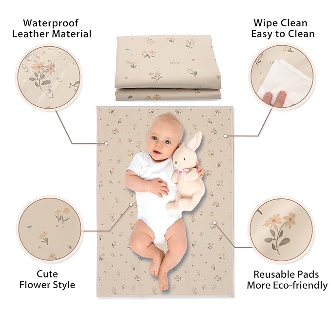 Vegan Leather Baby Changing Mat - Wipeable Portable Changing Pad, Foldable Travel Changing Mat for Baby, Newborns Toddlers Shower Gifts (Flower,20"*28")