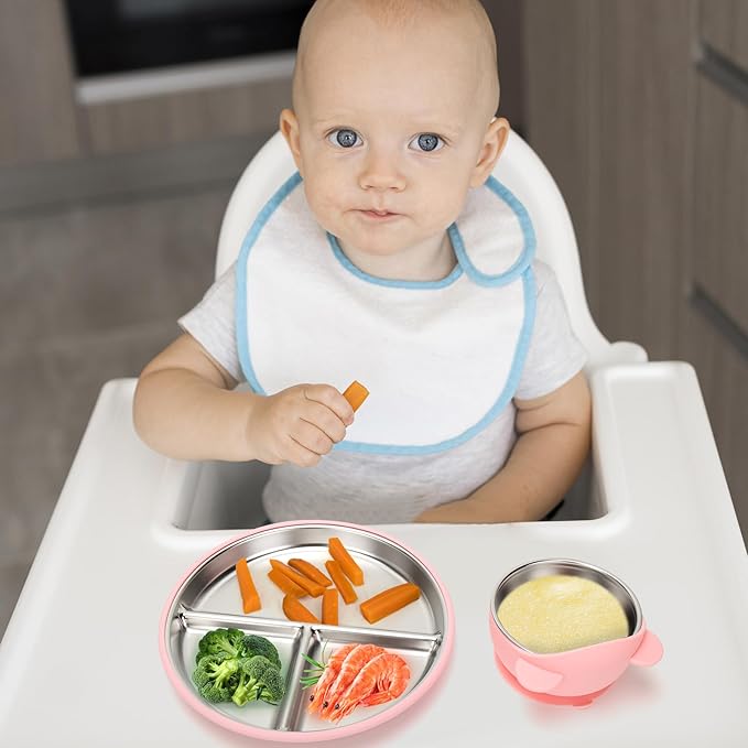 Stainless Steel Baby Plate and Bowls with Suction, Divided Kids Baby Plate and Toddler Bowl with Removable Silicone Suction, Non-Slip Baby Feeding Set Dishwasher Safe，4 Packs