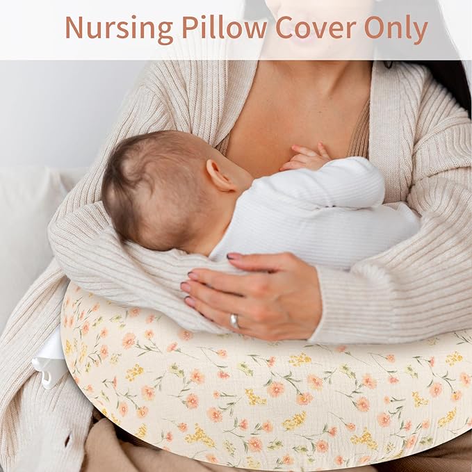 SWESEN Muslin Nursing Pillow Cover, Soft Removable Cover for Breastfeeding Pillows, Pillow Slipcover for Baby Boys and Girls, Comfortable & Breathable, Flower, Washable (Only Cover)