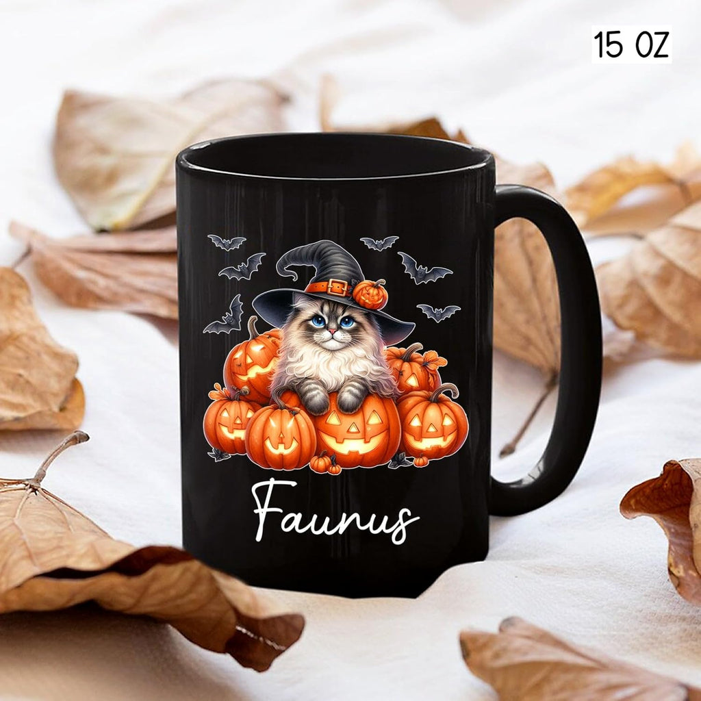 Personalized Ragdoll with Pumpkins Mug Gift for Halloween, Customized Name Ragdoll Witch Hat Coffee Cup, Unique Cat Breeds Ceramic Mug, Cat Dad Mom Halloween Cup, Black Tea Cups 11oz 15oz