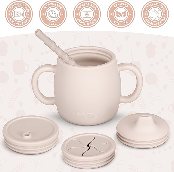 4-in-1 Silicone Sippy Cup with Snack and Straw Lid 6oz | Transition Training Cup for 6+ months to Toddler (Beige)