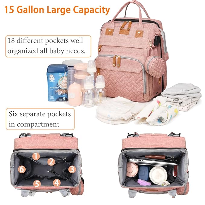 Baby Diaper Bags with Changing Station, Waterproof Diaper Bag Backpack for Moms Dads with USB Charging Port, Baby Shower Gifts, Large Capacity diaper backpack, Pink