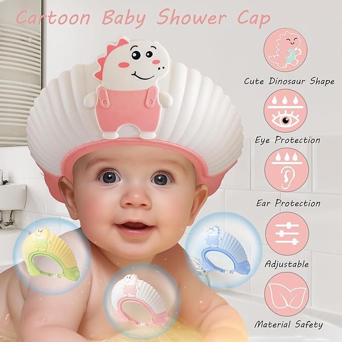 Baby Shower Cap Shield, Shower Cap for Kids, Visor Hat for Eye and Ear Protection for 0-9 Years Old Children, Cute Little Dinosaur Shape Makes The Baby Bath More Fun (Pink)