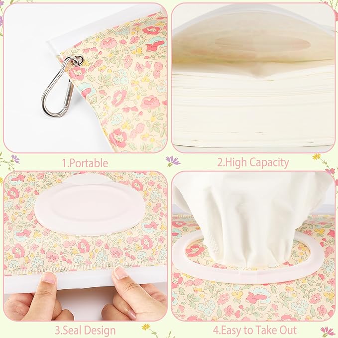 FEBSNOW 2 Pack Baby Wipes Dispenser, Portable Refillable Wipe Holder Baby Wipes Container Travel Wipes Case Reusable Wet Wipes Pouch (Floral)