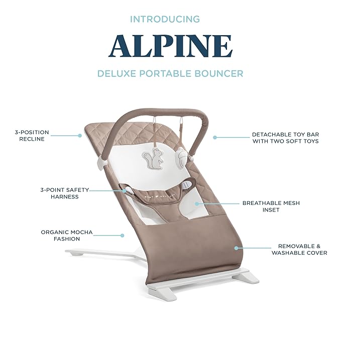 Baby Delight Alpine Deluxe Portable Baby Bouncer | Infant | 0-6 Months | 100% GOTS Certified Organic Cotton Fabric | Organic Mocha
