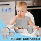 Bluet B- Silicone Baby Feeding Set with Pacifier - Baby Led Weaning Supplies - Baby Spoons, Suction Bowl - Plate - Baby Utensils Set - Silicone Feeding Set for Baby First Foods - 11pcs - Gray